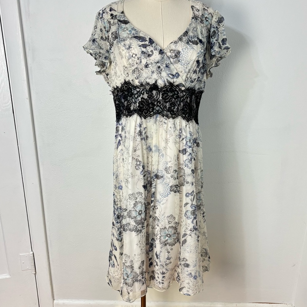Sundance‎ Floral Lace Accent Midi Silk Dress Size 12 Cottagecore Fairy Romantic
